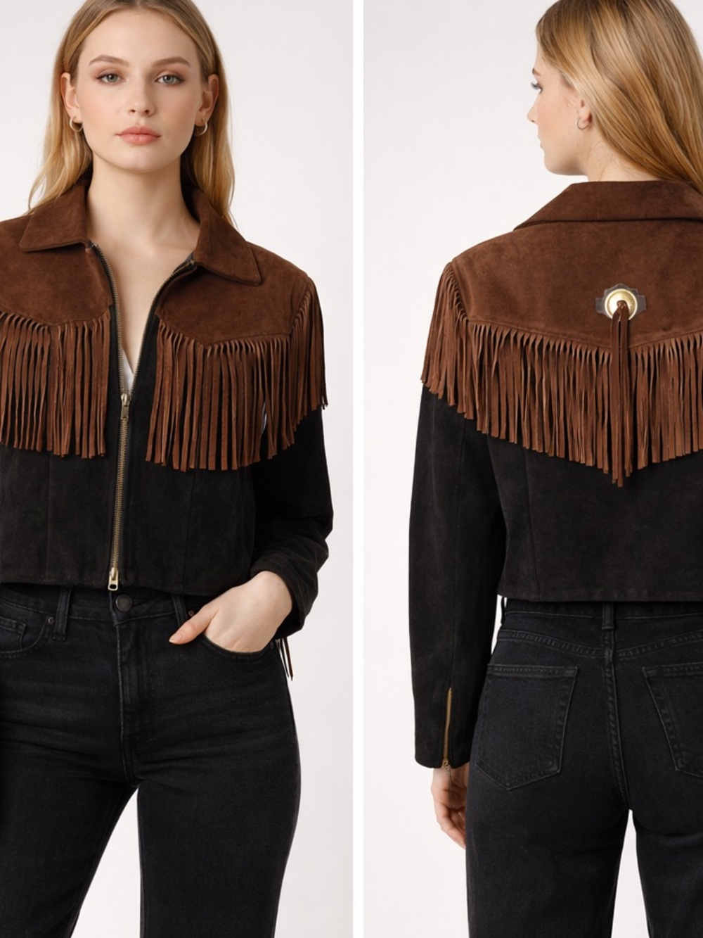 Vintage 70s Fringe Suede Leather Jacket Cropped Western Boho Brown Black - Picture 10 of 10
